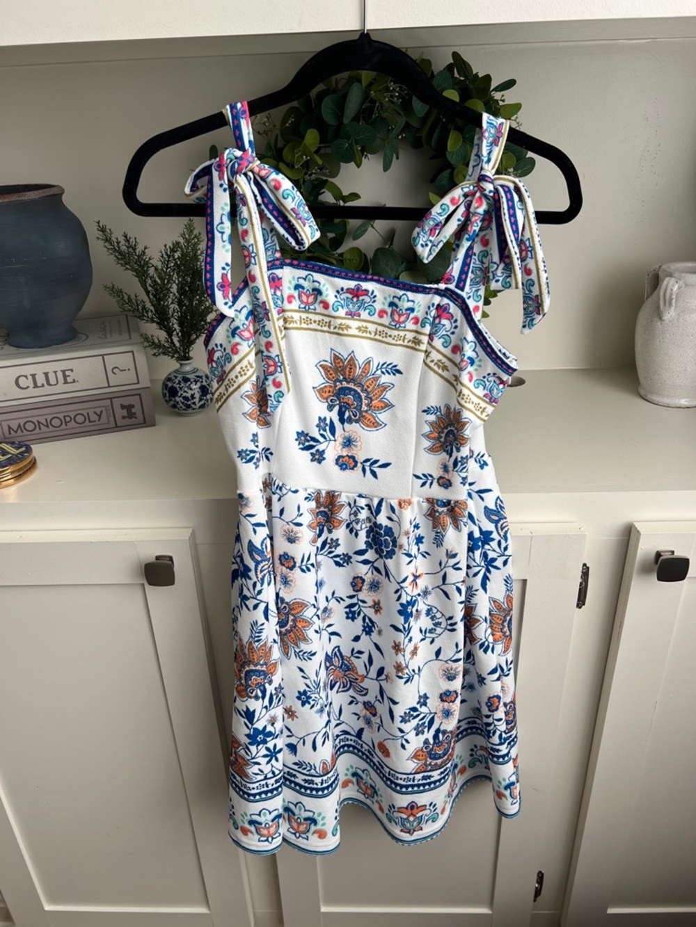 White Floral Tie-Shoulder Sundress with Blue & Orange Print